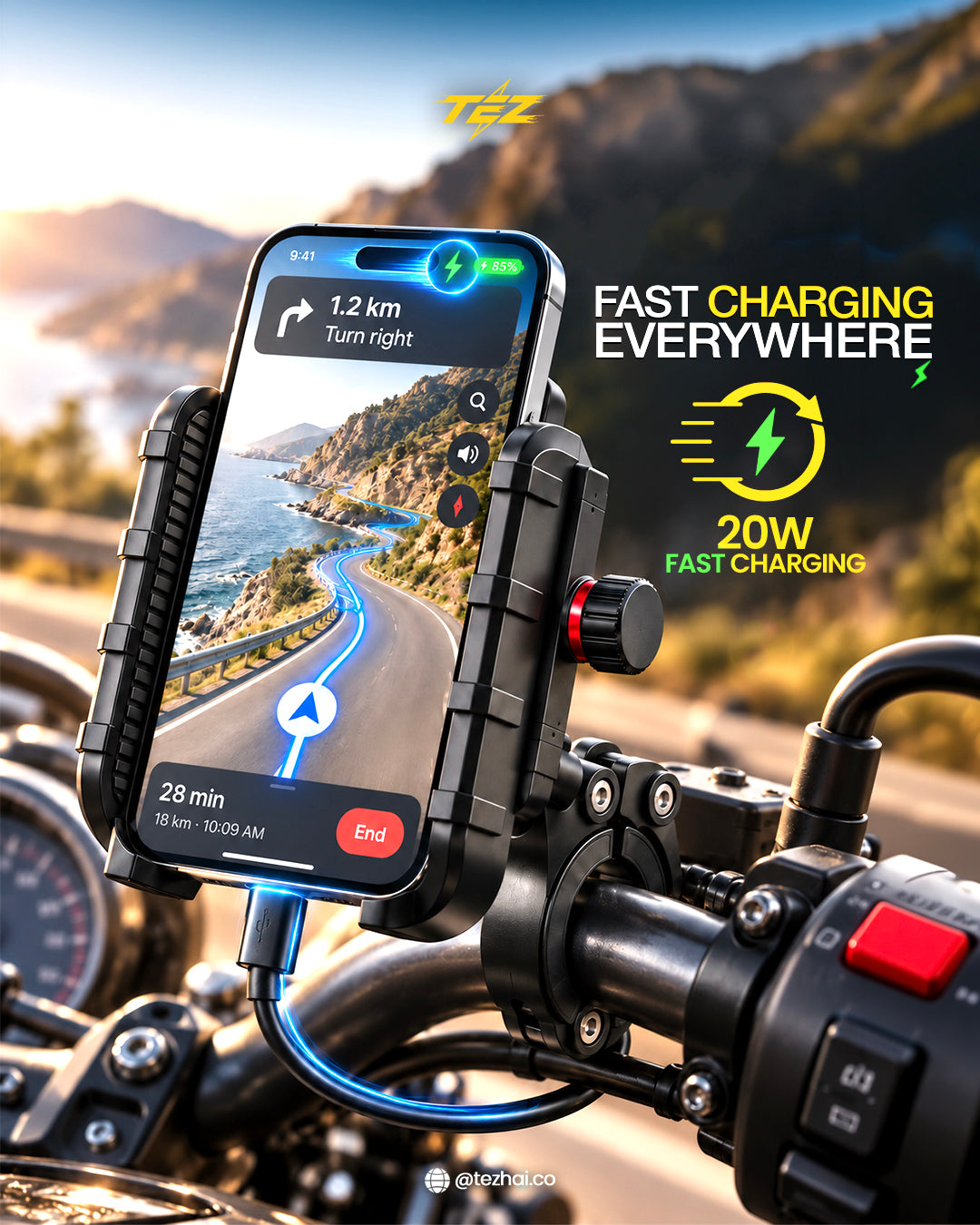 TEZ Cheetah – Bike Phone Holder + 20W USB Charger (Free Charging Cable)