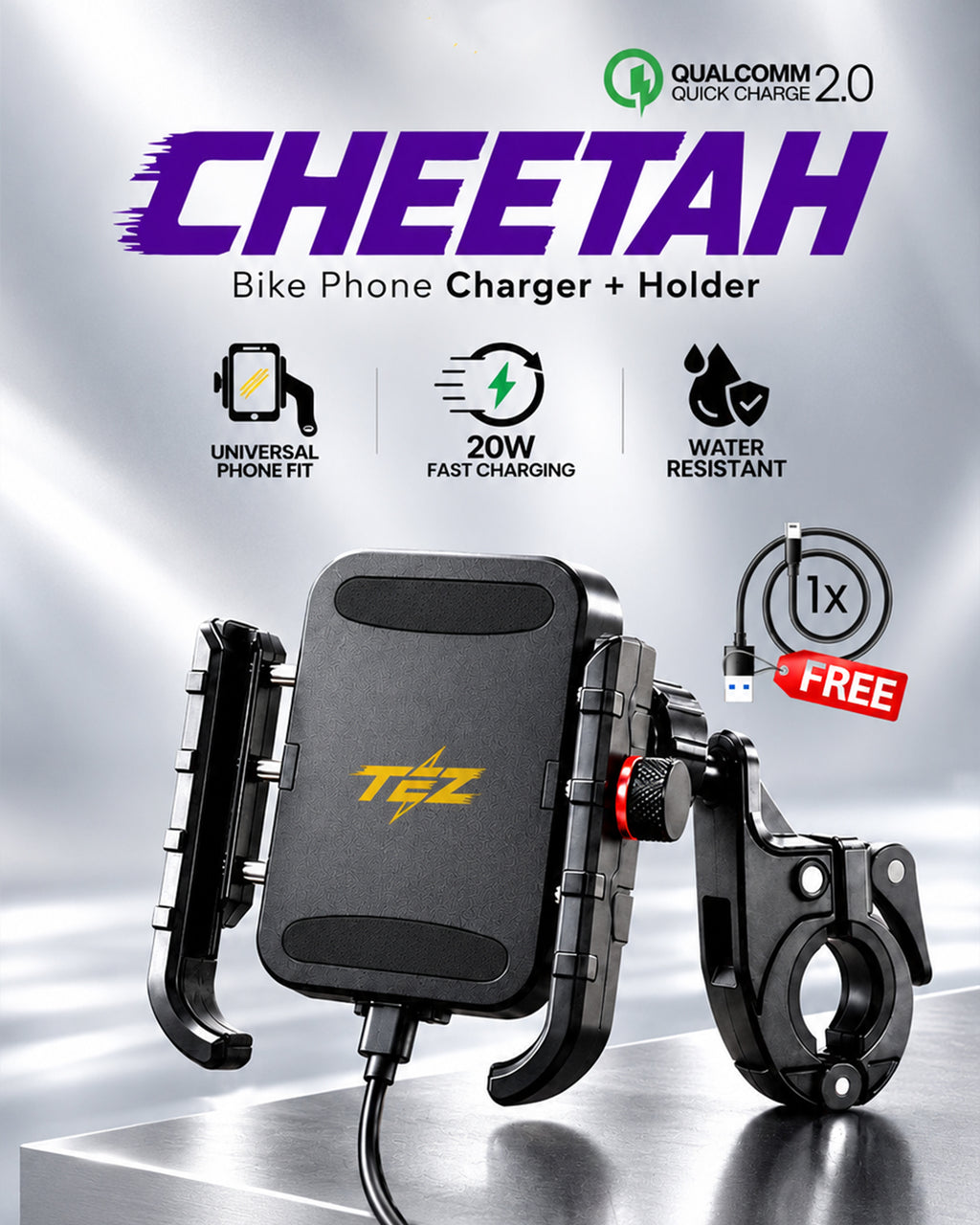 TEZ Cheetah – Bike Phone Holder + 20W USB Charger (Free Charging Cable)