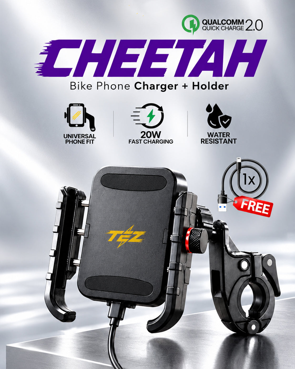 TEZ Cheetah – Bike Phone Holder + 20W USB Charger (Free Charging Cable)